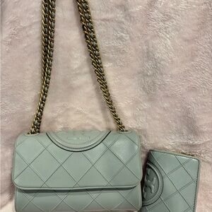 Quilted Leather Shoulder Bag in Blue/Gray with Gold Chain Strap
